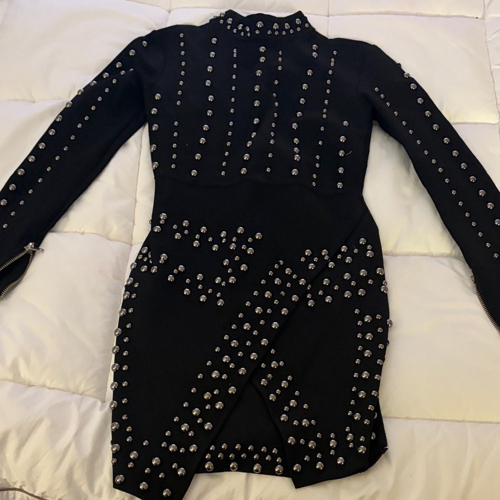 Black Studded Long-Sleeve Bodycon Dress